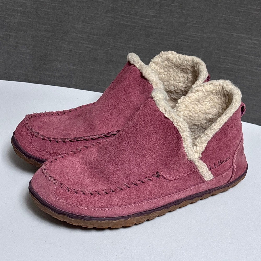 LL Bean Mountain Slippers Moc 6 Pink Suede Fleece Lined Indoor Outdoor Warm